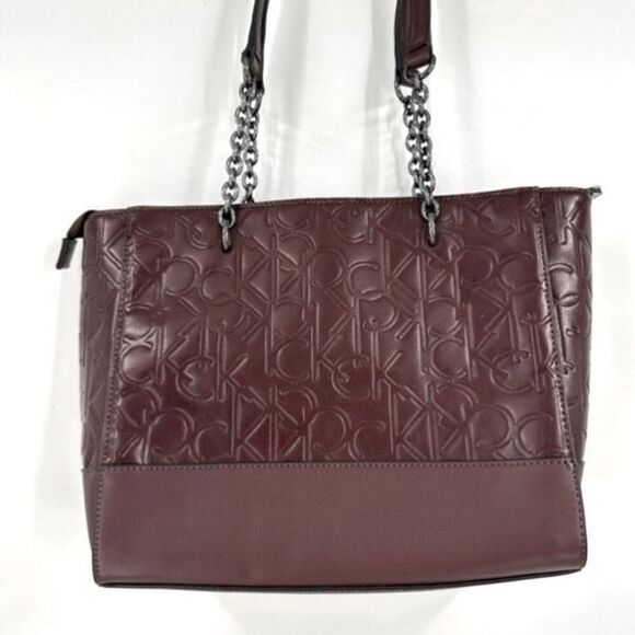 Calvin Klein Signature CK Logo Burgundy Purse Handbag Tote Embossed Gunmetal - Picture 1 of 10